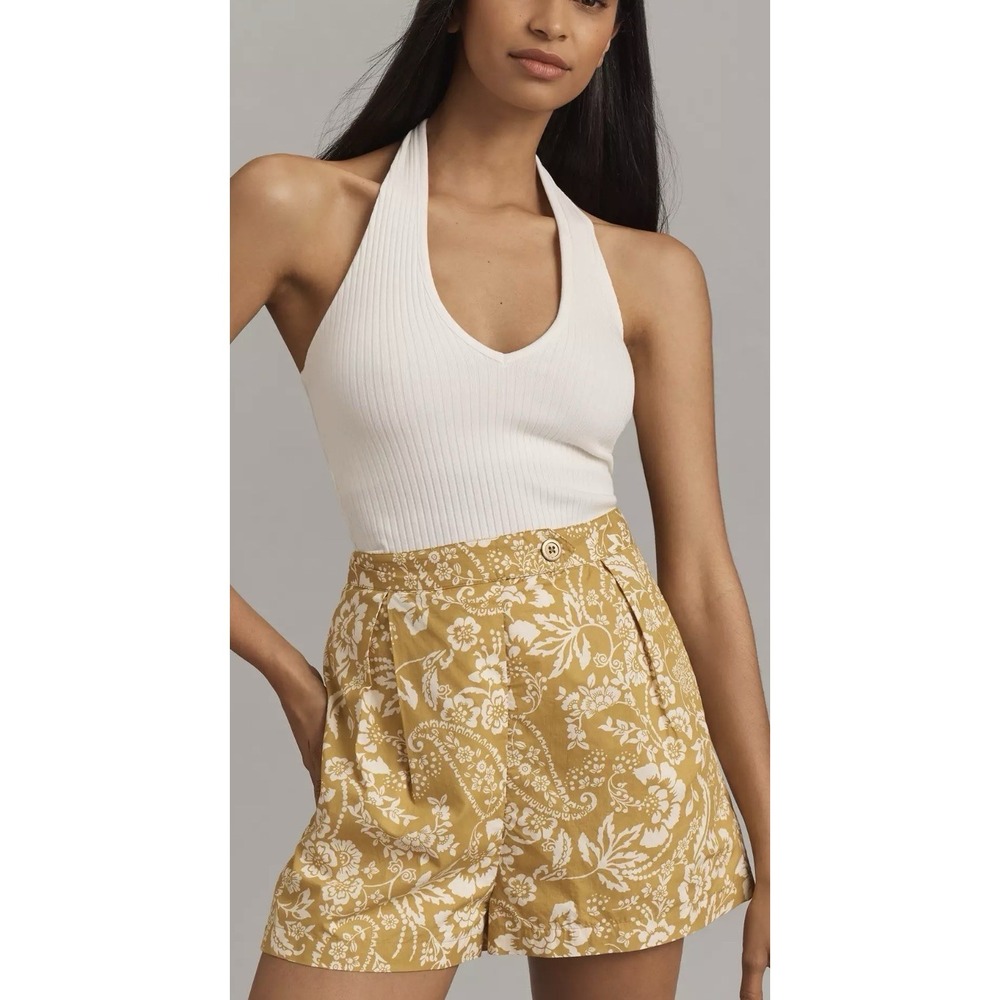 Anthropologie Maeve Pleated Poplin Floral Shorts in Chartreuse Mustard Yellow